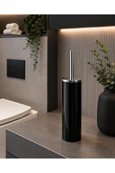 OEM Toilet Brush Set with Holder, Black Steel, Modern Design, Black Metal Bat...