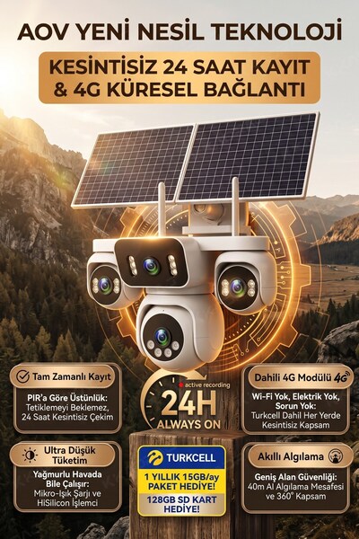 Kadraj 4 Kameralı Solar Panelli Güneş Enerjili Uzaktan Kontrol ,7/24 Aralıksı...