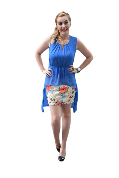 OEM Rochie moderna nuanta albastra cu voal asimetric, design floral