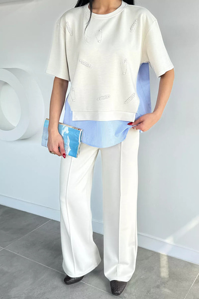 Aryena Stone Women's Elastic Waist Pants Stone Embroidered Blouse Double Set