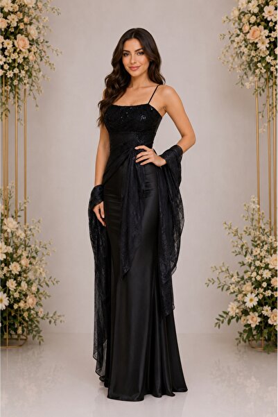 OEM Rochie de seara lunga, neagra, cu bretele subtiri si spatele gol