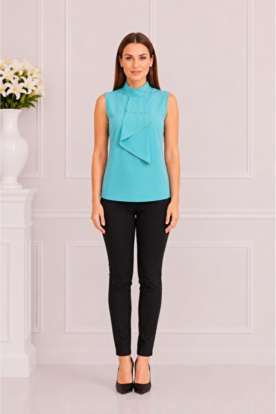 OEM Bluza chic cu guler pe gat si fara maneca, de culoare turcoaz