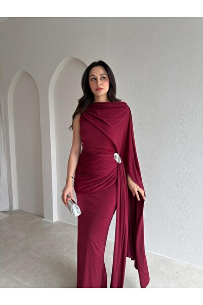 Mooi Butik Ayri̇s One Shoulder Maxi Dress 5458 - Burgundy