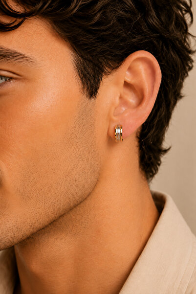 Sacce Scarves&Accessories Steel Men's Hoop Earrings 9 mm Gold Silver Striped ...