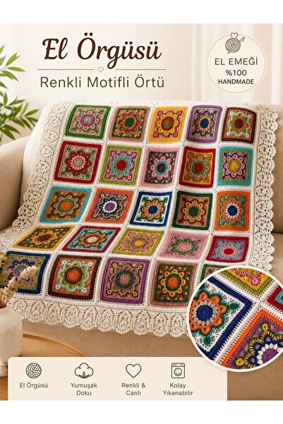 ASELMAVİ EL ÖRGÜSÜ RENKLİ MOTİFLİ MASA ÖRTÜSÜ