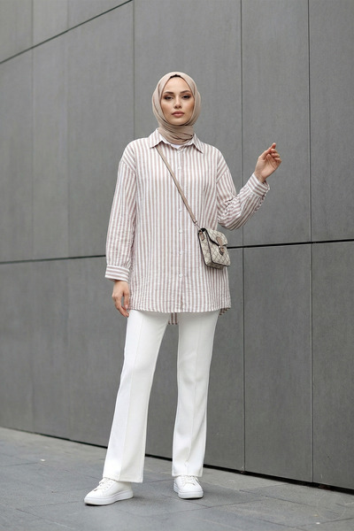 MODAQU Striped Linen Shirt - Light Brown