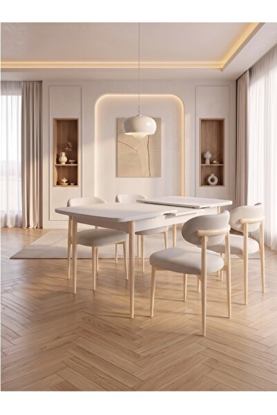 Concept Ayz Home Bella Serisi 4 Kişilik Beyaz Kumaş 80*130 Beyaz Masa Sandaly...