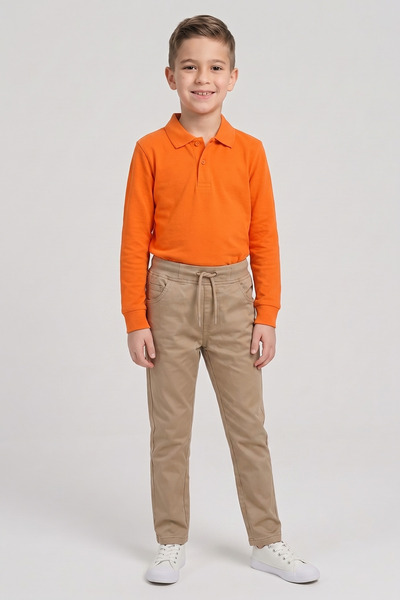 nacar çarşı Boy's Orange Long Sleeve Polo Neck T-Shirt Beige Ribbed Waist Can...