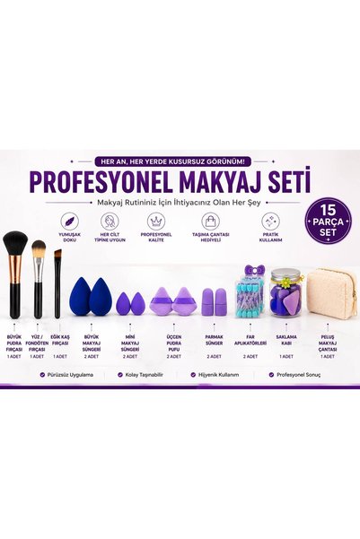 MAISON GLOWEN Profesyonel Makyaj Seti 15 Parça – Makyaj Çantalı Fırça, Sünger ve Aplikatör Seti