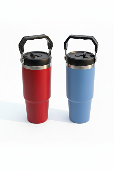 900 ml 2'li Termos Seti - 304 Paslanmaz Çelik Termos - Pipetli ve Kapaklı Mug