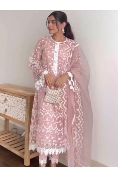 MYSMAR Pink Embroidered Soft Net Palazzo Suit Set - HRT2292 | Pink-Size:M-38-...