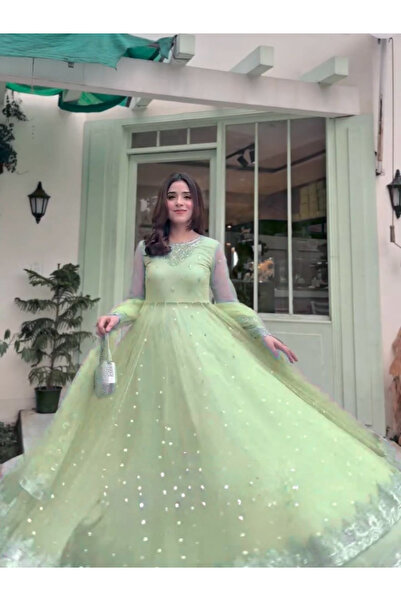 MYSMAR Pista Green Faux Georgette Gown & Lehenga Set - HRT7527 | Pista Green-...