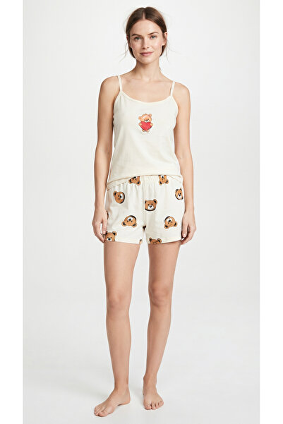 FAMES PİJAMA 100% Cotton Combed Teddy Bear Pattern Women's Shorts Set with St...