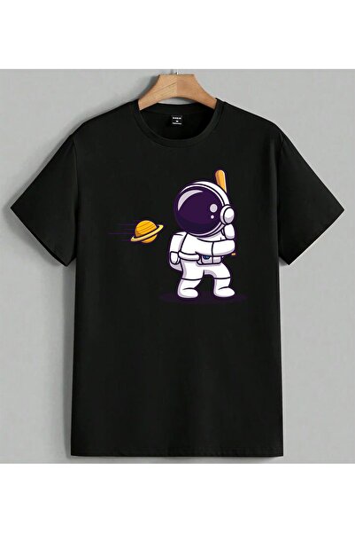 ELFERA Tricou oversize unisex cu imprimeu Space Astronaut Baseball, negru