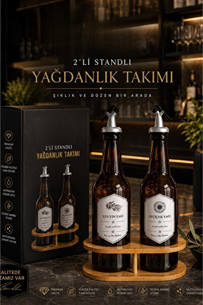 Arsimo 2'li Bambu Standlı Amber Cam Yağdanlık Takımı - Akıtmayan Dökme Uçlu Z...
