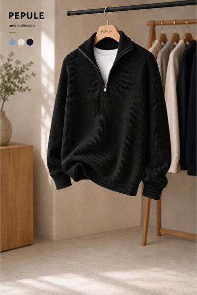 oneoff Men's Premium Half-Zip Ribbed Knit Sweater