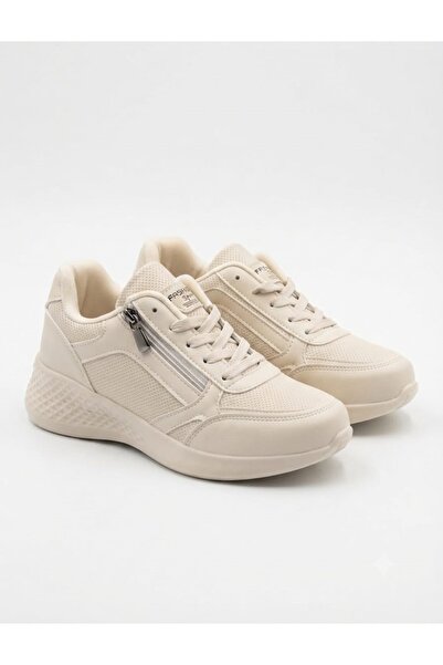 McDark Kadın Fermuarlı Ve Bağcıklı Sararmaz Taban Sneaker Ayakkabı-BEJ