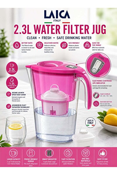 LAICA 2.3L Water Filter Jug Pink BPA Free Filter Pitcher with Bi Flux Cartrid...