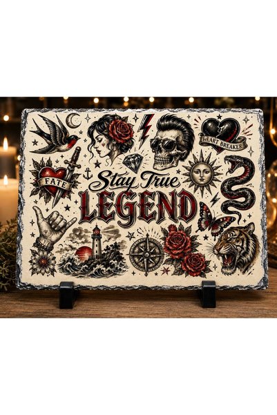 hiperborea Ardezie Personalizată –„Stay True Legend” – Stil Tattoo Old School...