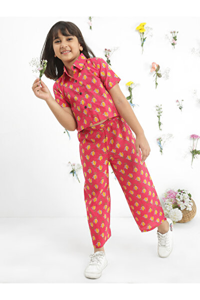 Globus By Styli Girls Pink Collared Floral Print Shirt with Pants Set