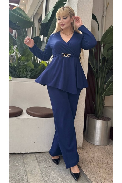 ViolettaXL KADIN BÜYÜK BEDEN KRUVAZE YAKA ASİMETRİK KESİM GOLD TOKA KUŞAK DET...