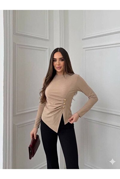 ELAY Fashion بلوزة نسائية غير متماثلة مزينة بأزرار