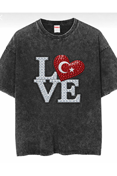 dompulerimoda Love Printed Oversize Vintage Washed Unisex T-Shirt