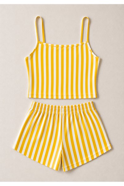 ÖZ PAMUK Women's Striped Strap Tank Top and Shorts Set Comfortable Combed Cotton Casual Summer Set