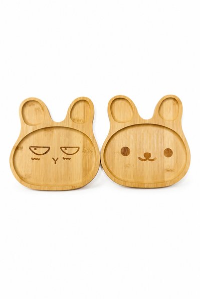 NATUREL DEKOR Bamboo Wood 2-Piece Happy-Anxious Rabbit Food Supplement, Children's Presentation Food Plate 20X20 Cm, Kitchen, Presentation