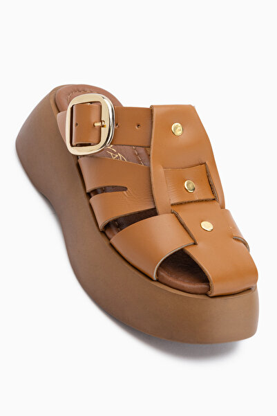 Limoya Venita Genuine Leather Tan High-Sole Women's Slippers