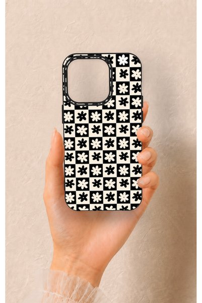 Vip Case iPhone 14 Pro Compatible Floral Motif Checkered Pattern Silicone Case