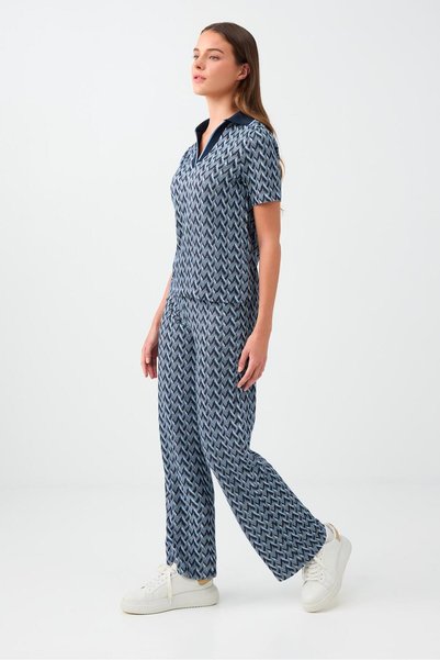 Jimmy Key Navy Blue Geometric Patterned Knitted Trousers with Elastic Waist