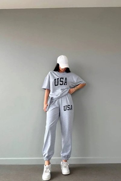 WESTİMO Women's Gray USA Printed Bottom Top Jogger and Oversize Tshirt Tracks...