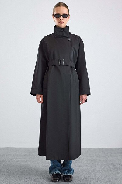 Olcay High Collar Oversize Water Repellent Trench Coat Black 6874