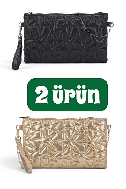 Hale Ege Yıldız Dikişli Clutch Star Kadın Çanta 2 li Set Zincirli Askılı El T...