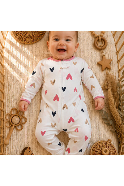 elisa baby 6-12 Ay %100 Pamuk Fermuarlı Kalp Desenli Bebek Tulumu – Uyku ve G...