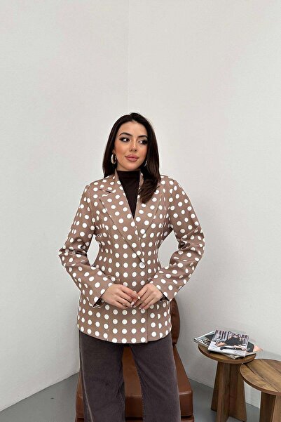Clothes Fast Women's Camel Polka Dot Double Breasted Blazer Jacket Coat Lapel...