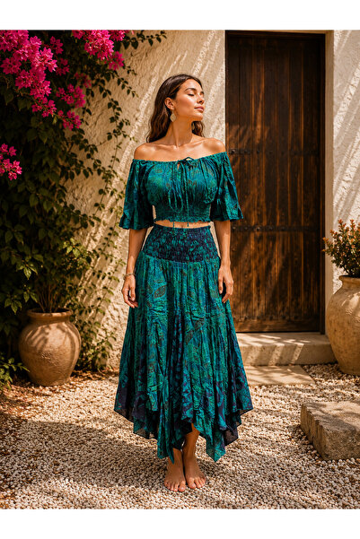 Miss Boheme Anka Koyu Yeşil Renk Desenli Bohem Crop Bluz Ve Asimetrik Etek Takım