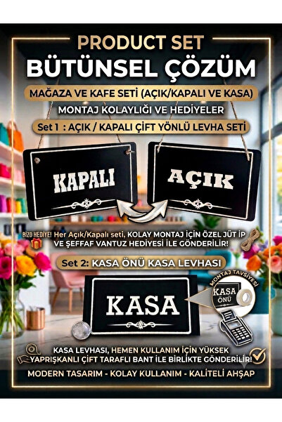 SAYILI COLLECTION Ahşap Kapı Tabelası Çift Yönlü Açık Kapalı Yazısı ve Kasa L...
