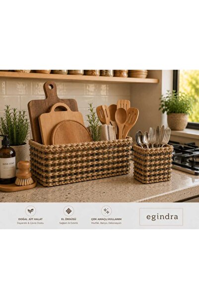 Egindra سلة تنظيم المطبخ المصنوعة من الخوص المكونة من قطعتين - حامل الملاعق
