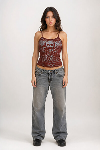 None Wear Bordo Skull Ambition Gotik Rose Grunge Y2K Askılı Crop