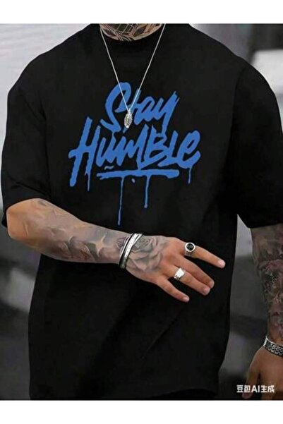 4CR قميص بنمط حروف Stay Humble، قميص قطني يومي للرجال، قطن 180 جرام، مريح، لل...