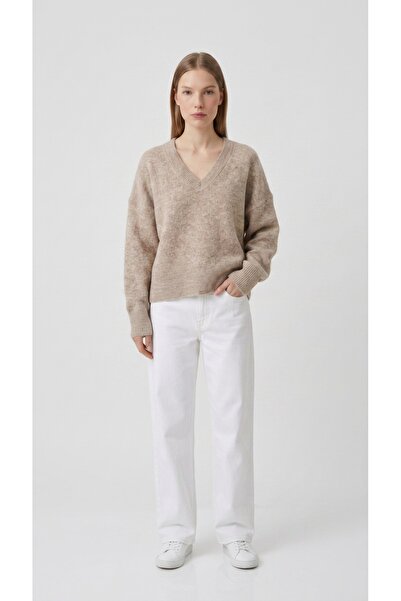 fujya V-Neck Soft Textured Wool Blend Knitwear Sweater