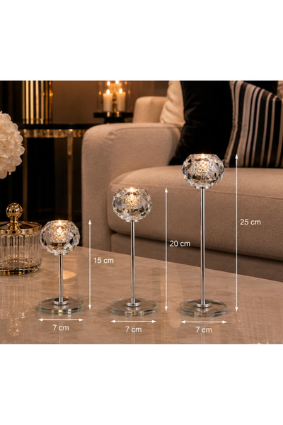 Hinora Kristal Model Şık Dekoratif 3Lü Şamdan Seti 15-20-25cm