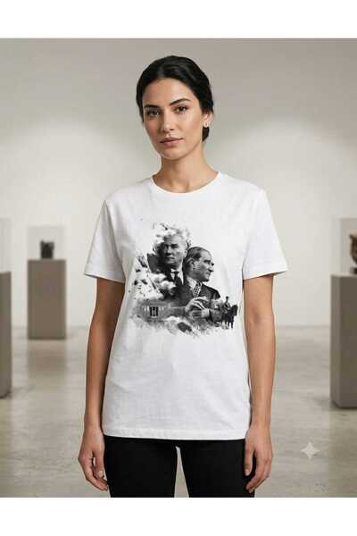 Kadın ,Erkek Beyaz ve Siyah %100 Pamuklu Atatürk Portreli ve Anıtkabir Detaylı Özel Baskılı Bisiklet Yaka T-Shirt