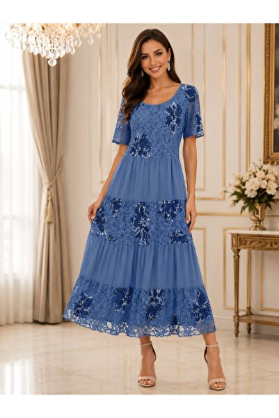 OEM Rochie damă lejeră albastra cu dantela și flori ,croială vaporoasă