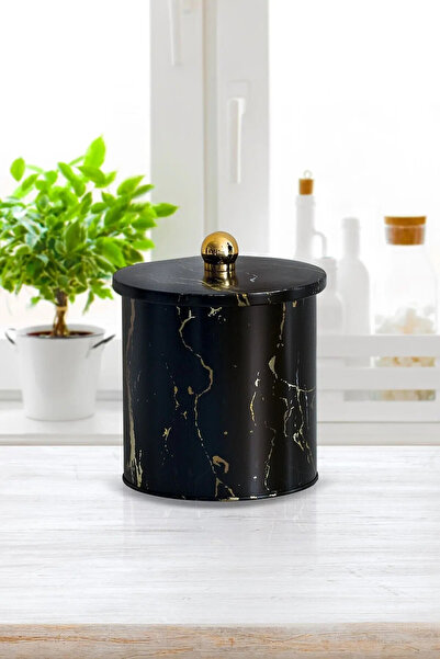 Evle Exclusive Marble Black Patterned Metal Storage Container, 14 Cm, Jar, 50...