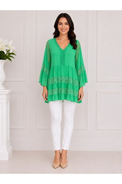 OEM Bluza rafinata Luna cu insertii de dantela ,nuanta de verde