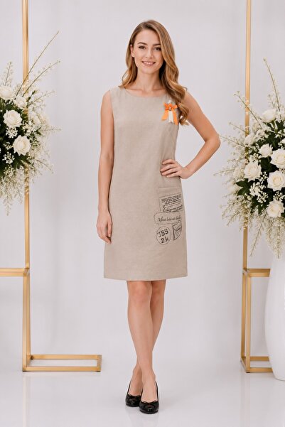 OEM Rochie casual Evetta,accesorizata cu brosa,nuanta de bej