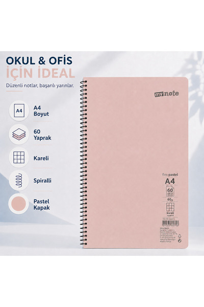 Mynote Flex Pastel A4 60 Yaprak 60 gr Spiralli Kareli Defter